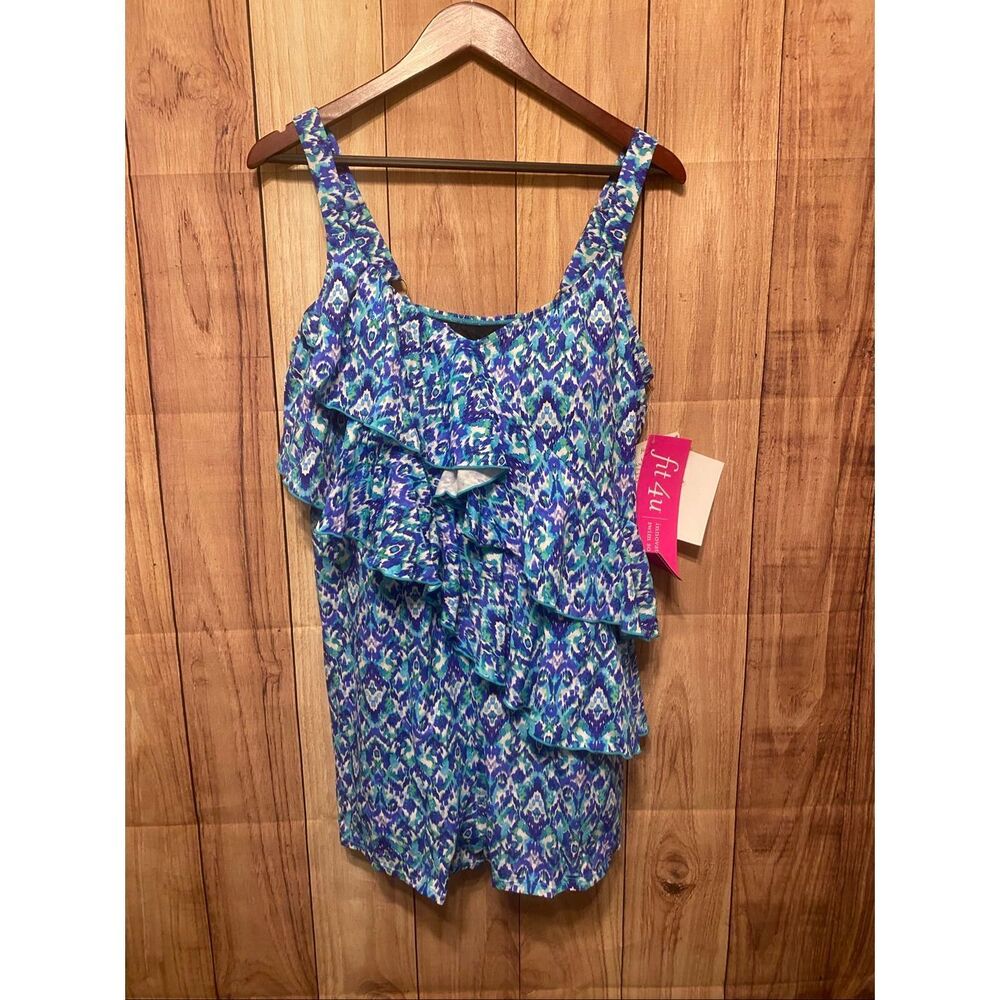 Fit 4 U 18W NWT plus size swimsuit one piece romper/dress blue ruffle